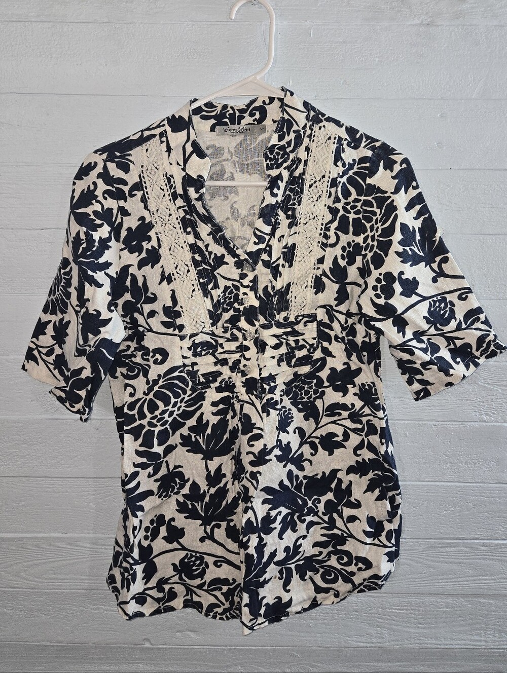 Elena Baldi Made In Italy Womens Floral Boho Lace-Trim Casual Chic Blouse Small